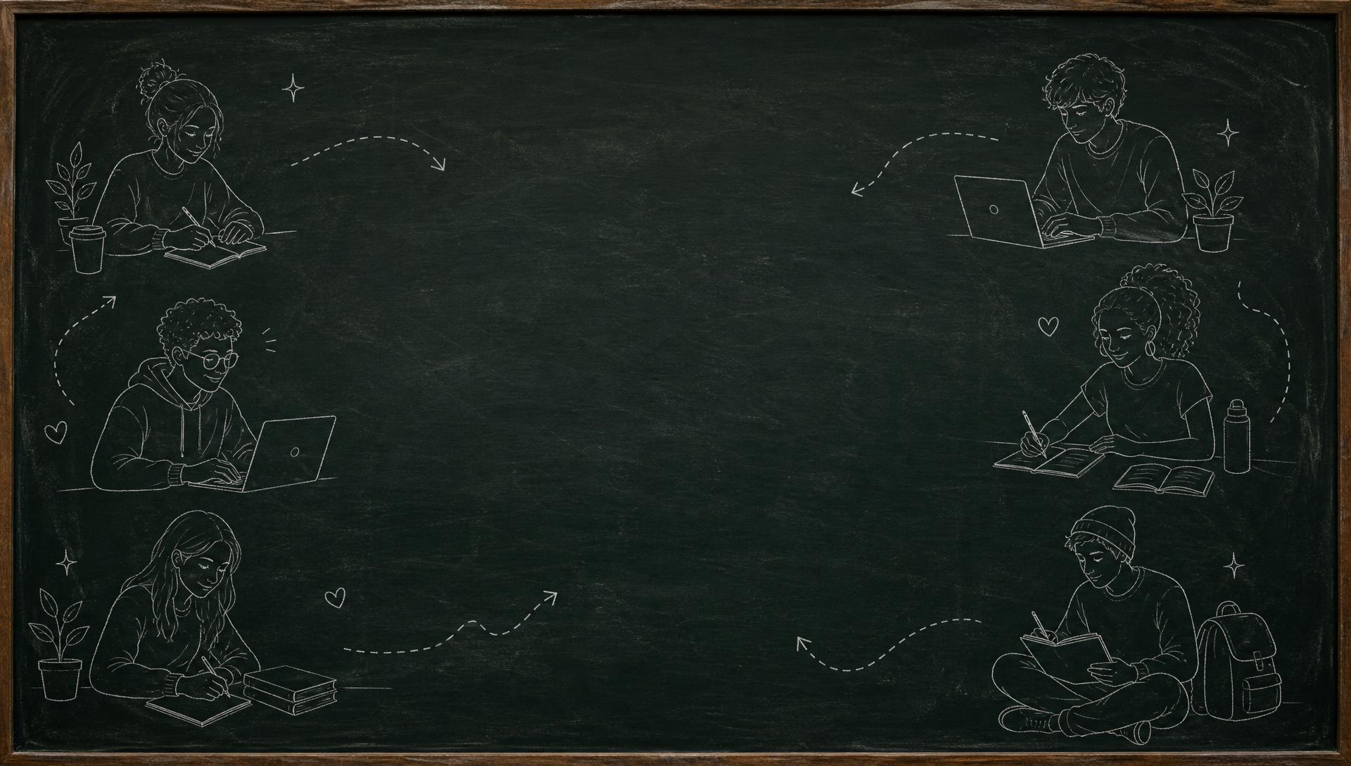 Pizarra con dibujos de tiza de personas estudiando